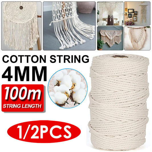 4Mmx100M Natural Cotton Rope Cord String Twisted Beige Craft Macrame Artisan AU